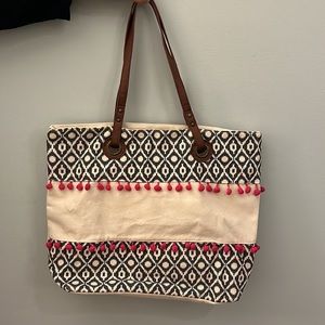 Navy blue print with pink Pom Poms Tote bag!